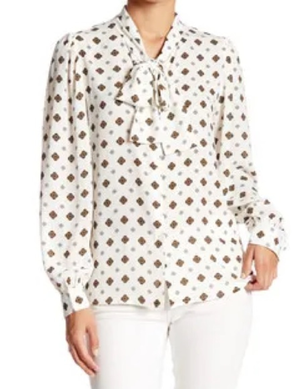 Premise Studio White & Brown Tie Neck Long-Sleeve Blouse Large